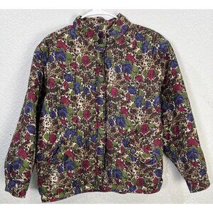 Anna and Frank Women's Silk Floral Leopard Print Quilted Bomber Jacket Size L